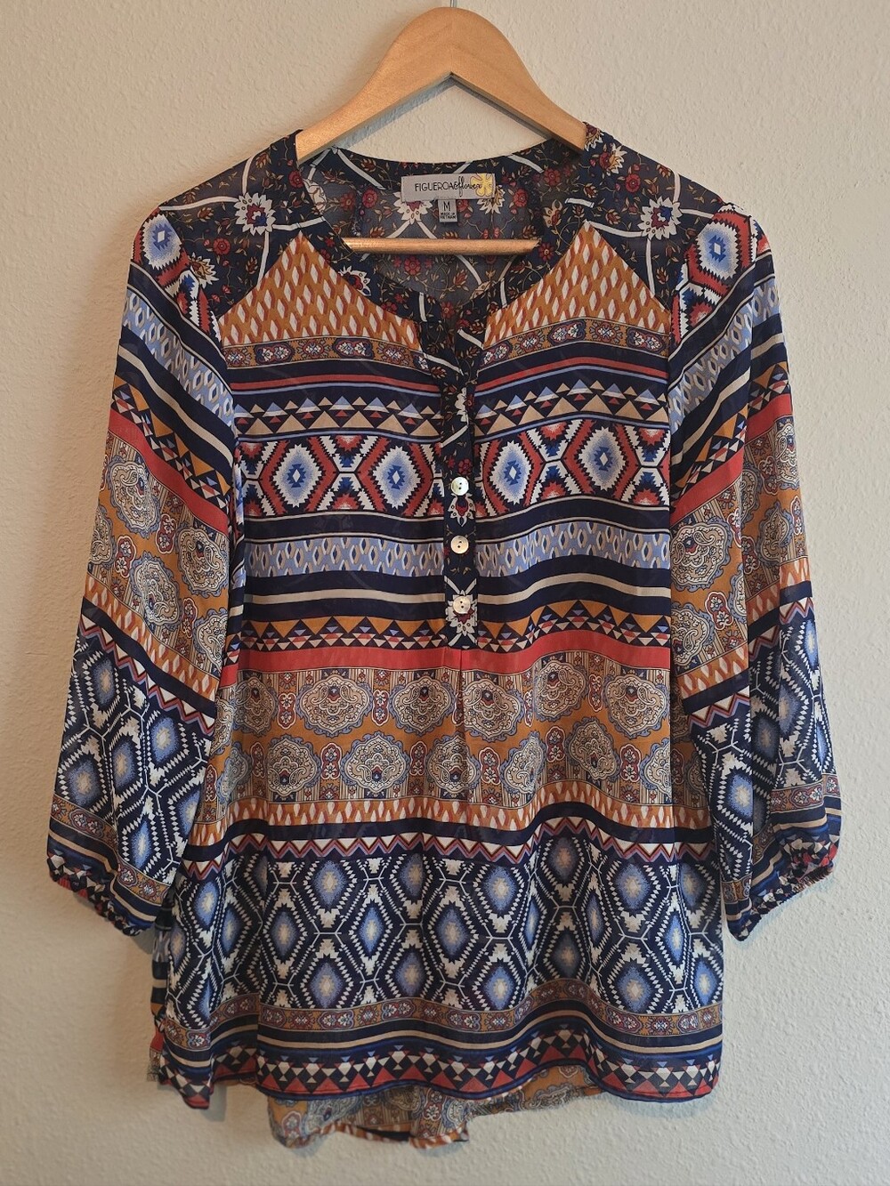 Figueroa & Flower Boho Geometric Print Peasant Top